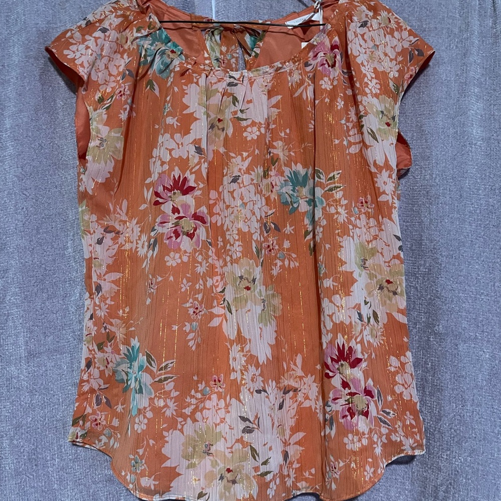 LC Lauren Conrad Pleated Orange Cap Sleeve Blouse